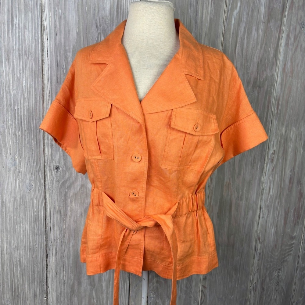Ellen Tracy Linen‎ Safari Jacket Womens 8 Orange Belted Utility Summer coastal